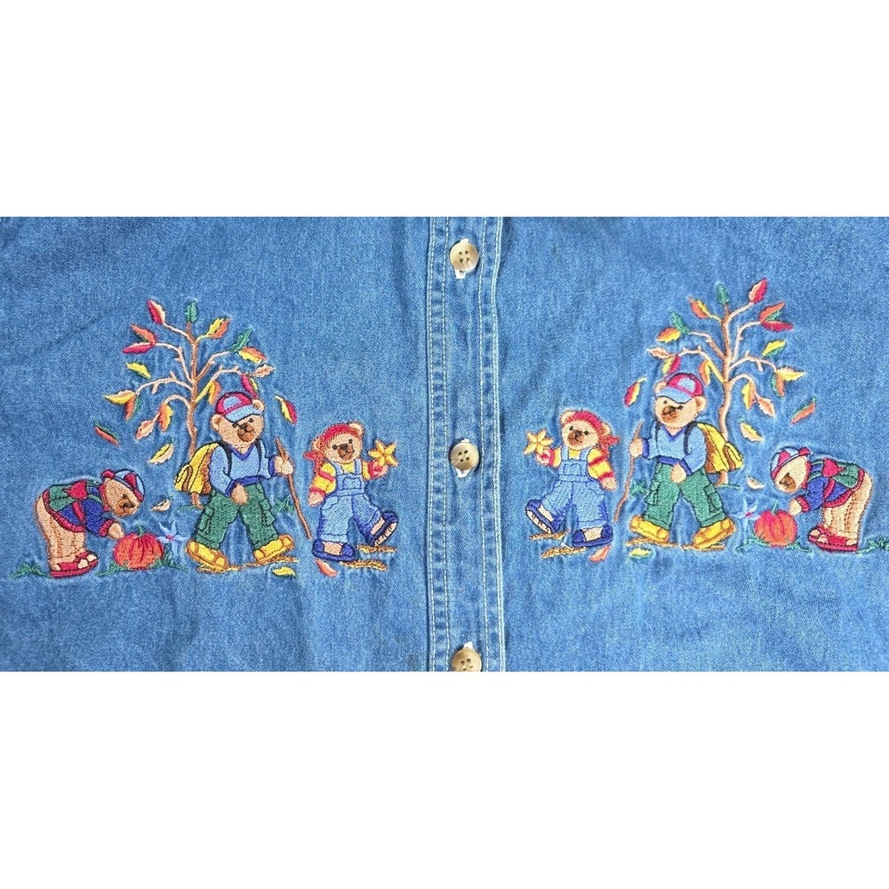 Vintage Cool Blues Women's Fall Bears Theme Denim Button Down Shirt Cotton Large